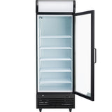 A tall Empura EGM-23B refrigerated merchandiser with a glass door open to the right reveals four empty wire shelves. Perfect for commercial food storage, it features a black frame, right-edge handle, bottom vent, and a blank white sign panel on top.