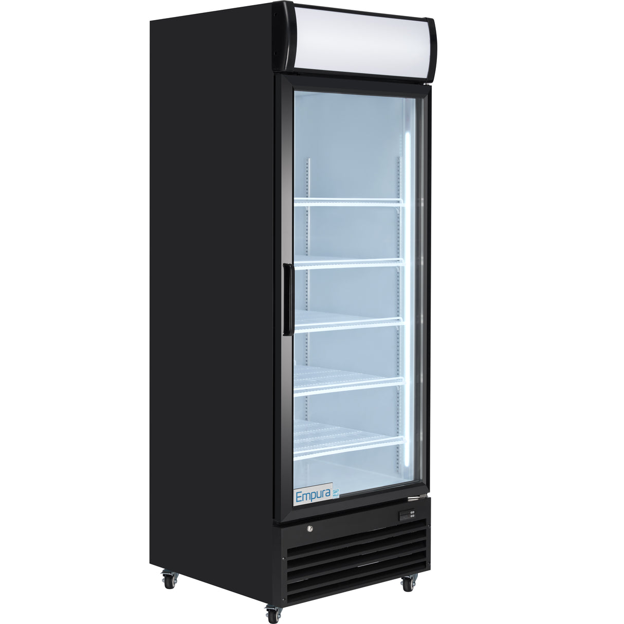 The Empura EGM-23B refrigerated merchandiser stands upright with a black exterior, transparent front door, white interior, and five adjustable wire shelves. Ideal for commercial food storage, it features wheels, a lighted top display panel, and a vented base.