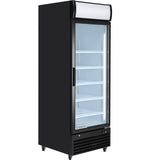 The Empura EGM-23B refrigerated merchandiser stands upright with a black exterior, transparent front door, white interior, and five adjustable wire shelves. Ideal for commercial food storage, it features wheels, a lighted top display panel, and a vented base.