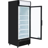 A tall, black Empura EGM-23B refrigerated merchandiser with a glass door is open, revealing five empty white wire shelves. Ideal for commercial food storage, it features wheels for mobility and a lighted display panel atop the brightly lit interior.