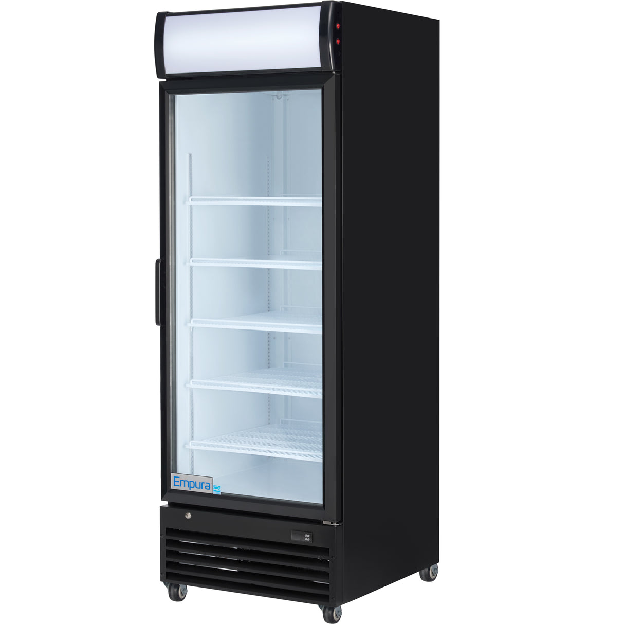 A commercial upright refrigerated merchandiser, the Empura EGM-23B features a black exterior, transparent front door, four white wire shelves, wheels, a bottom vent, and a lighted signage panel. Ideal for commercial food storage.