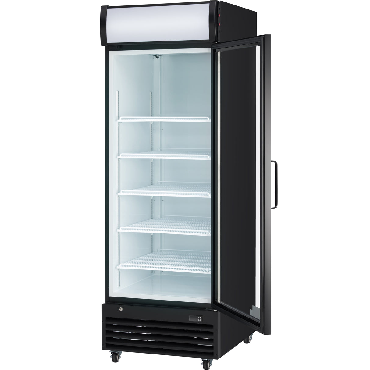 A refrigerated merchandiser with a black exterior is shown. The upright Empura EGM-23B has a glass door open to reveal five empty white wire shelves, ideal for commercial food storage. It stands on wheels and features a blank lighted sign at the top.