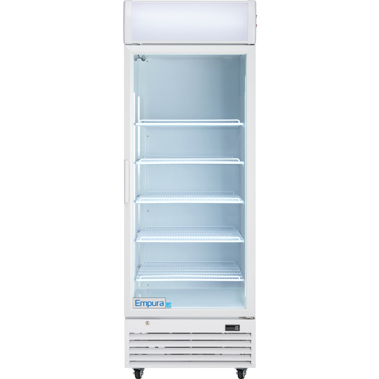 A tall, white refrigerated merchandiser with a glass front door, four adjustable wire shelves, and a lit top panel. The unit stands on wheels, features a vented cooling section below, and displays the “Empura” brand on the lower left.