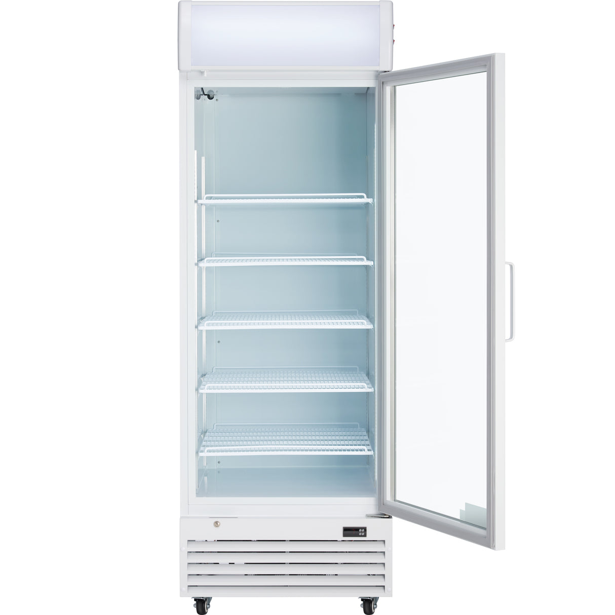A tall, white commercial display refrigerator with a glass door is shown open. Inside, five empty wire shelves are ready for food storage. The fridge features ventilation grilles at the bottom, stands on small wheels, and has a clean, well-lit interior.