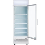 A tall, white commercial display refrigerator with a glass door is shown open. Inside, five empty wire shelves are ready for food storage. The fridge features ventilation grilles at the bottom, stands on small wheels, and has a clean, well-lit interior.