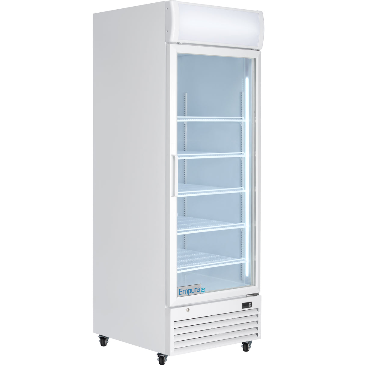 A tall, white, commercial display refrigerator with four adjustable wire shelves, interior LED lighting, and wheels for mobility. The transparent door showcases the Empura brand near the bottom front. Perfect for food storage, this fridge appears empty.