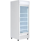 A tall, white, commercial display refrigerator with four adjustable wire shelves, interior LED lighting, and wheels for mobility. The transparent door showcases the Empura brand near the bottom front. Perfect for food storage, this fridge appears empty.