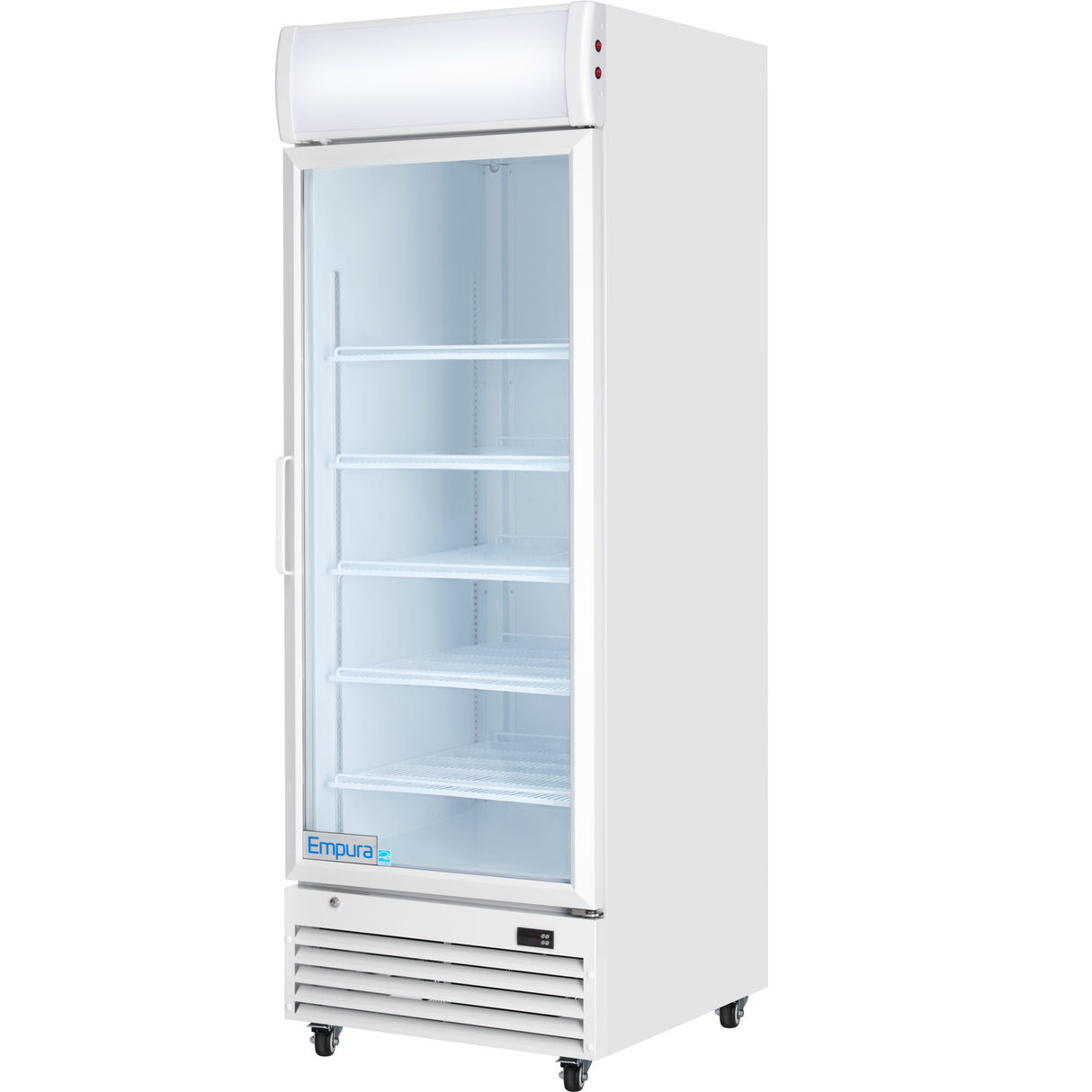 A tall, white refrigerated merchandiser with a glass front door, four empty wire shelves, a handle on the left side, and a vented base. The unit is on wheels, branded Empura near the bottom—ideal for clean, bright commercial food storage.