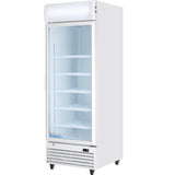 A tall, white refrigerated merchandiser with a glass front door, four empty wire shelves, a handle on the left side, and a vented base. The unit is on wheels, branded Empura near the bottom—ideal for clean, bright commercial food storage.