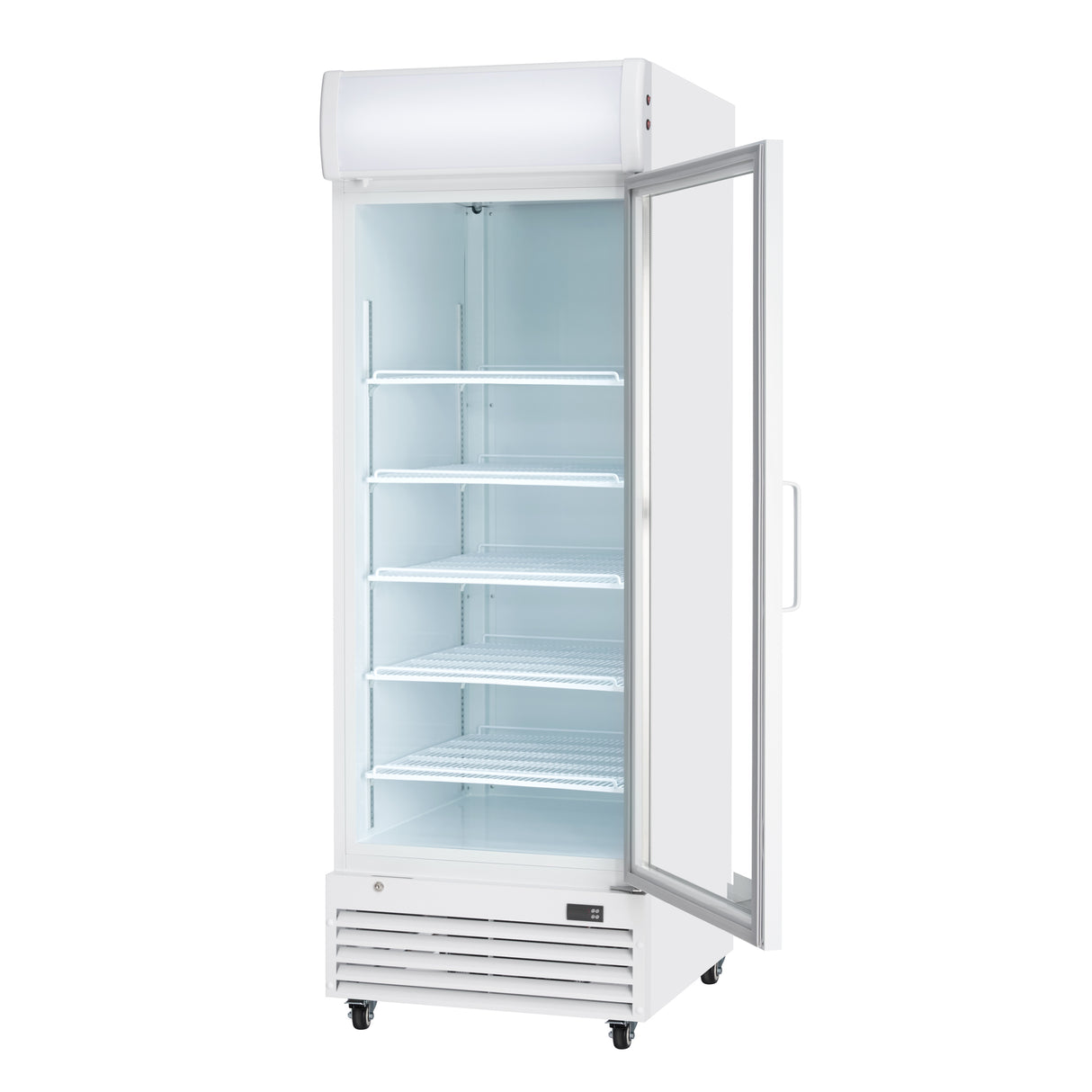 A tall, white commercial display refrigerator with a glass door opens to the right. Inside, five metal shelves are evenly spaced. The interior is empty and well-lit, perfect for food storage, and the unit stands on four small black wheels for mobility.