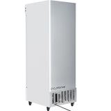 A tall, upright, silver refrigerated merchandiser on wheels is shown at an angle. Vents and the word CYCLOPENTANE are visible near the base, and a power cord extends from the bottom back of the unit. The background is plain white.