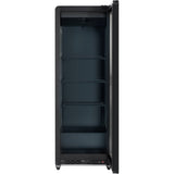 A tall, black glass door refrigerator stands upright with its door open, revealing three metal wire shelves inside. The empty interior is well-lit, and the control panel of this refrigerator merchandiser is visible at the bottom right corner.