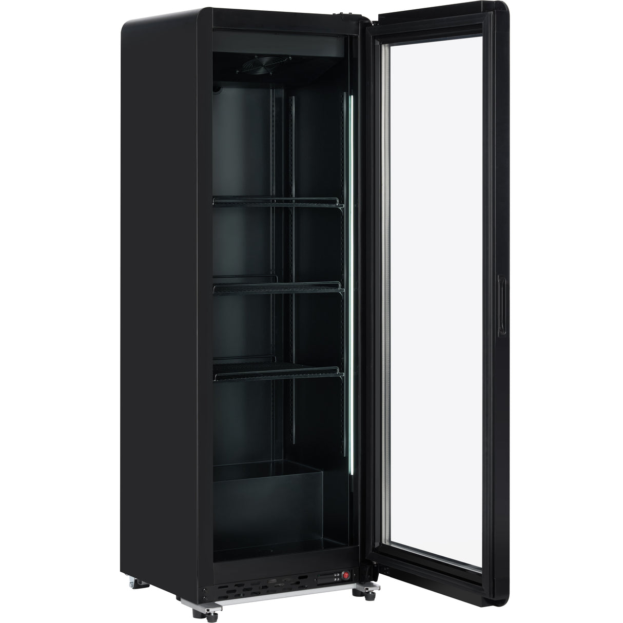 A tall, black refrigerator merchandiser with a right-opening glass door. The fridge features four metal shelves, interior lighting along the door frame, control buttons at the bottom front, and solid black sides and back.