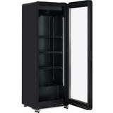 A tall, black refrigerator merchandiser with a right-opening glass door. The fridge features four metal shelves, interior lighting along the door frame, control buttons at the bottom front, and solid black sides and back.