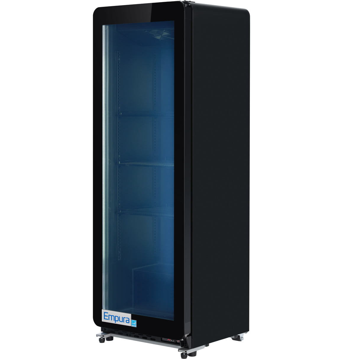 Tall, black refrigerator merchandiser with a clear glass door showing empty shelves inside. The Empura brand is labeled at the bottom of the door. This sleek, modern unit stands upright on small wheels and features blue-tinted interior lighting.