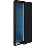 A black upright glass door refrigerator merchandiser with a blue-tinted interior, several adjustable metal shelves, and the Empura brand on the front bottom panel. This commercial refrigeration unit is empty and shown against a white background.