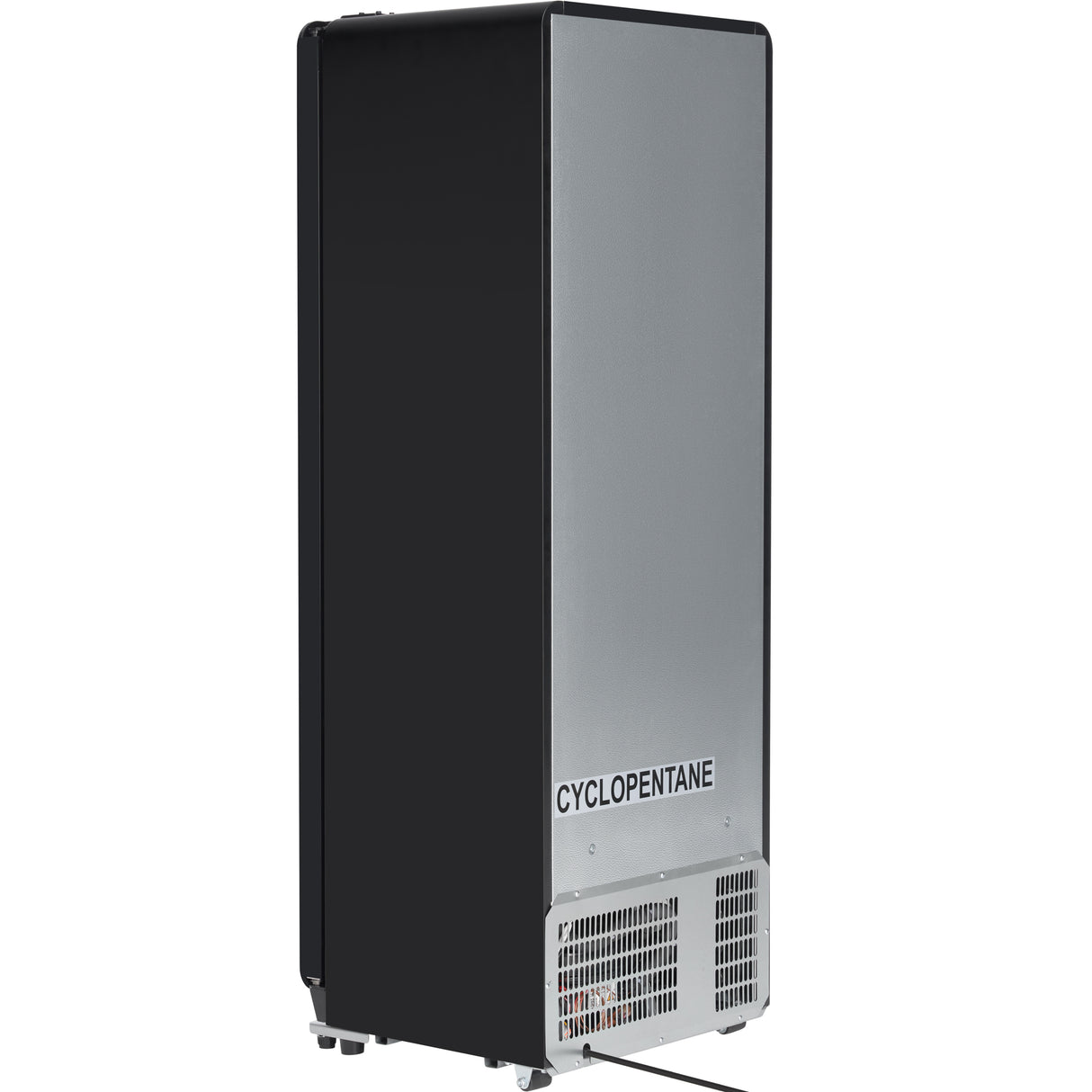 A tall, rectangular black and silver commercial refrigeration unit with a vented panel at the bottom. The front panel displays the word CYCLOPENTANE, suggesting it is a refrigerator merchandiser ideal for industrial or retail use.