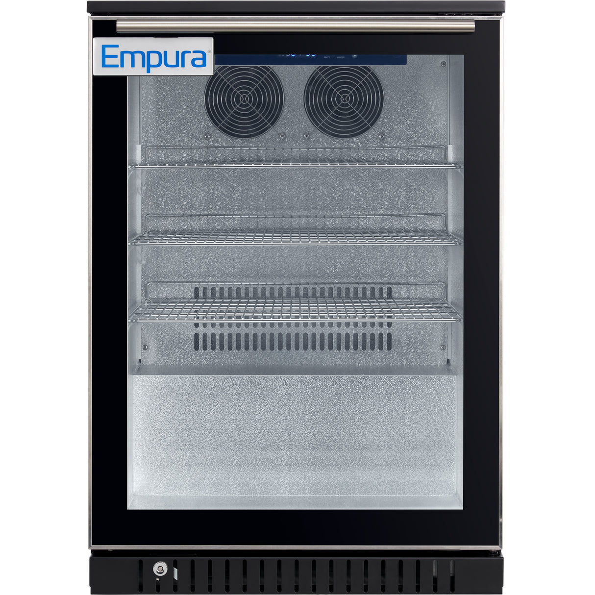 A front view of an Empura merchandiser refrigerator features a black frame, transparent door, metal handle on top, and three wire shelves. Two circular fans are visible at the top rear, with the Empura logo on the top left corner.