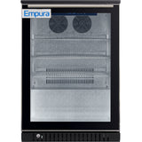 A front view of an Empura merchandiser refrigerator features a black frame, transparent door, metal handle on top, and three wire shelves. Two circular fans are visible at the top rear, with the Empura logo on the top left corner.