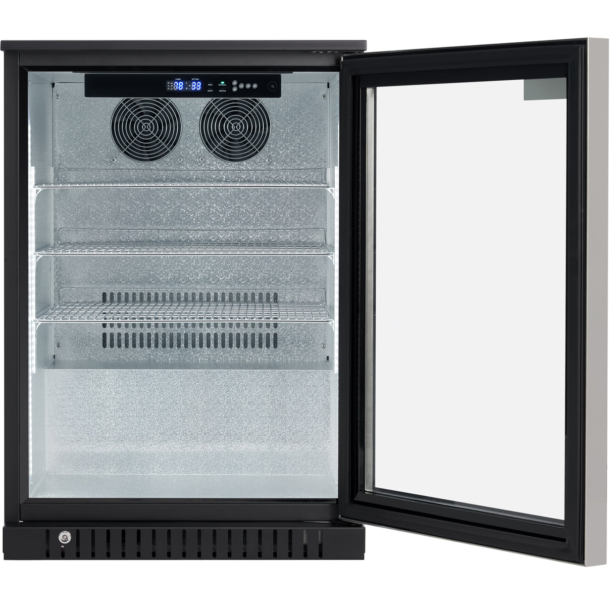 A sleek merchandiser refrigerator with a black frame, glass door swung open to the right, digital control panel at the top, two fans, three wire shelves, and textured silver interior. The vent and lock at the bottom complete this empty cooler’s modern look.