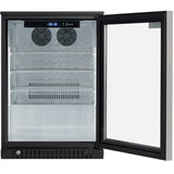 A sleek merchandiser refrigerator with a black frame, glass door swung open to the right, digital control panel at the top, two fans, three wire shelves, and textured silver interior. The vent and lock at the bottom complete this empty cooler’s modern look.