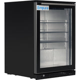 A black Empura merchandiser refrigerator with a label at the top features three adjustable metal shelves. The transparent door reveals the empty interior and textured silver back panel, making it ideal for displaying items.