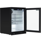 A black undercounter refrigerator with a glass door that is open, revealing an empty interior with three adjustable wire shelves and LED lighting. The control panel and temperature display are set at the top inside edge.