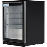 A black merchandiser refrigerator with a glass door, three adjustable metal shelves, and a vent at the bottom. The brand Empura is labeled on the top left of the door. The interior is empty and well-lit.