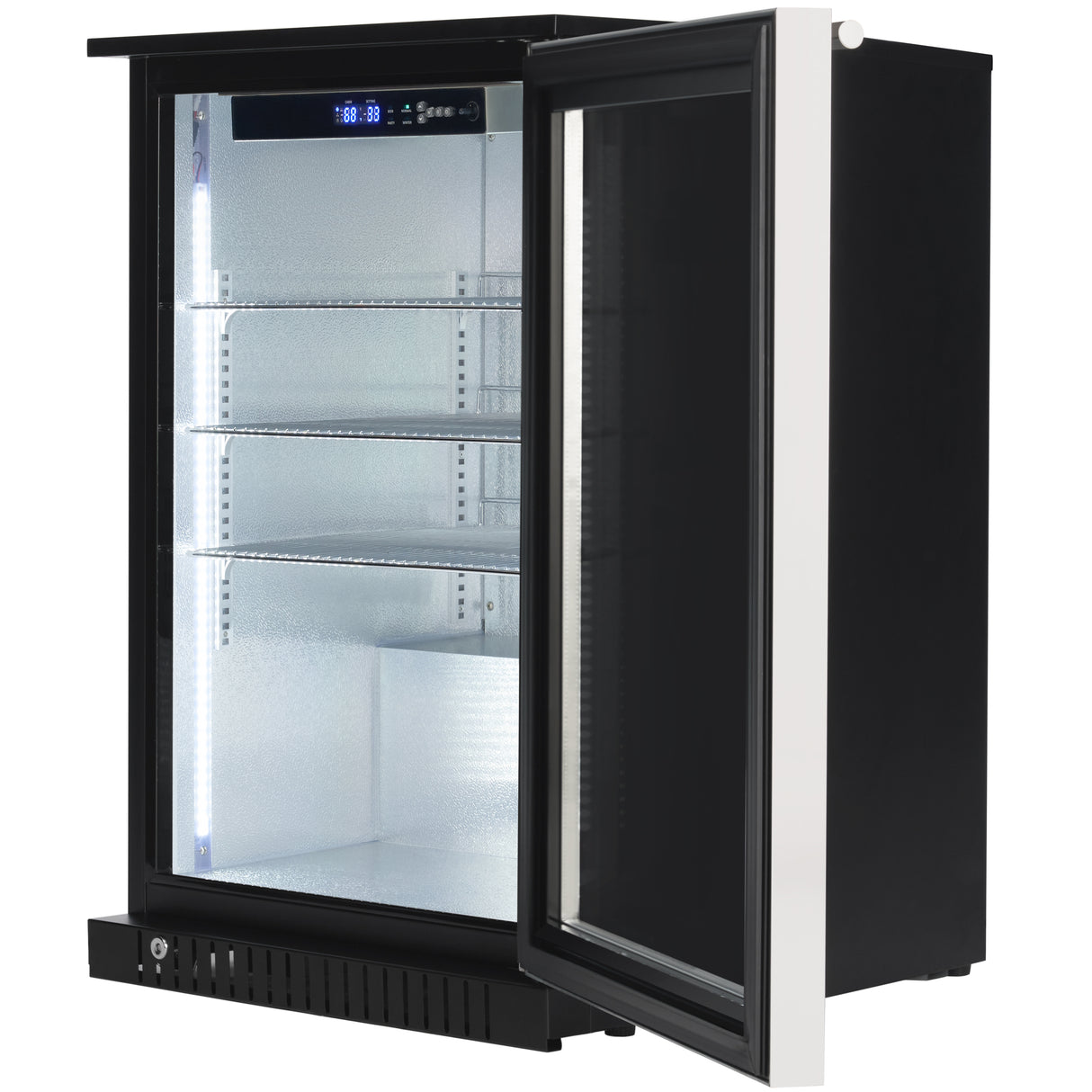 A black, glass-front merchandiser refrigerator stands with its door open, revealing three transparent shelves and a lit digital control panel. Bright white LED lighting illuminates the sleek metallic sides of this undercounter refrigerator.