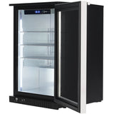 A black, glass-front merchandiser refrigerator stands with its door open, revealing three transparent shelves and a lit digital control panel. Bright white LED lighting illuminates the sleek metallic sides of this undercounter refrigerator.