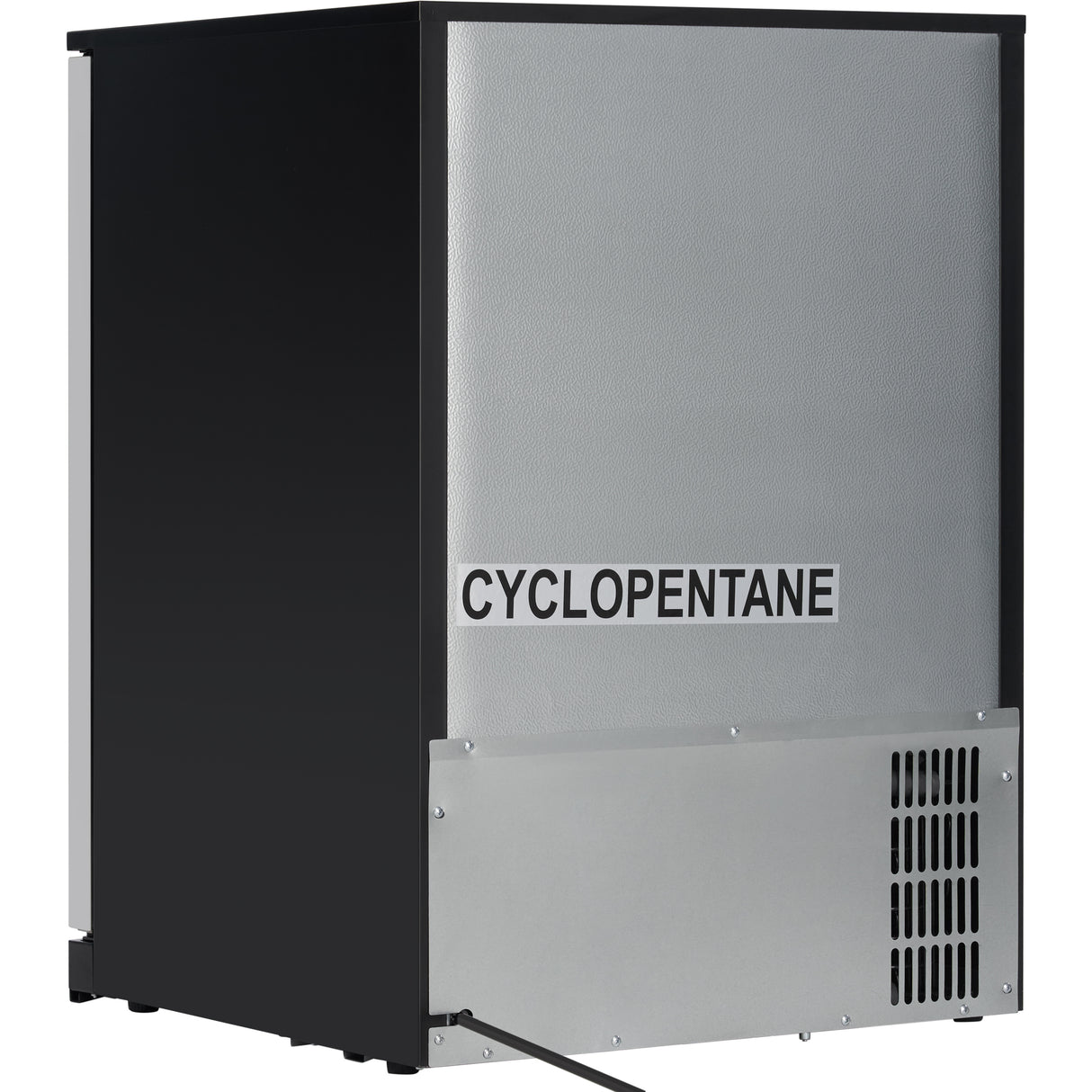 A rectangular, industrial silver and black undercounter refrigerator with CYCLOPENTANE labeled on its side. The bottom section features a vent and a visible power cord extending from the back against a plain white background.