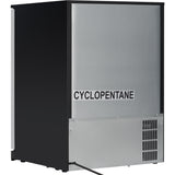 A rectangular, industrial silver and black undercounter refrigerator with CYCLOPENTANE labeled on its side. The bottom section features a vent and a visible power cord extending from the back against a plain white background.