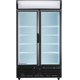 A commercial refrigerated merchandiser with two clear glass swing doors, a black frame, and five empty white wire shelves. The interior is brightly lit, and the unit stands on small legs. The Empura brand label appears on the lower left corner.