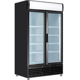 A commercial refrigerator with glass swing doors, a black frame, adjustable white wire shelves, and Empura branding. This refrigerated merchandiser features a vented base and a bright lighted top panel for product visibility.