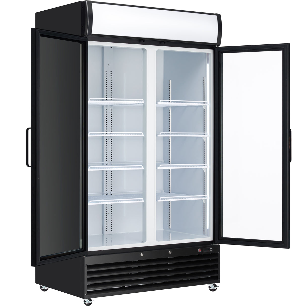 A commercial refrigerator with glass swing doors stands open, revealing a brightly lit interior with multiple white wire shelves. The black exterior features a vented grille at the base and a blank lighted sign above, ideal as a Refrigerated Merchandiser.