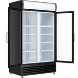 A commercial refrigerator with glass swing doors stands open, revealing a brightly lit interior with multiple white wire shelves. The black exterior features a vented grille at the base and a blank lighted sign above, ideal as a Refrigerated Merchandiser.