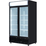 A commercial refrigerator with glass swing doors, bright interior lighting, and empty white shelves. The top panel is ideal for signage, and the unit stands on wheels with a vented bottom panel—perfect as a Refrigerated Merchandiser.