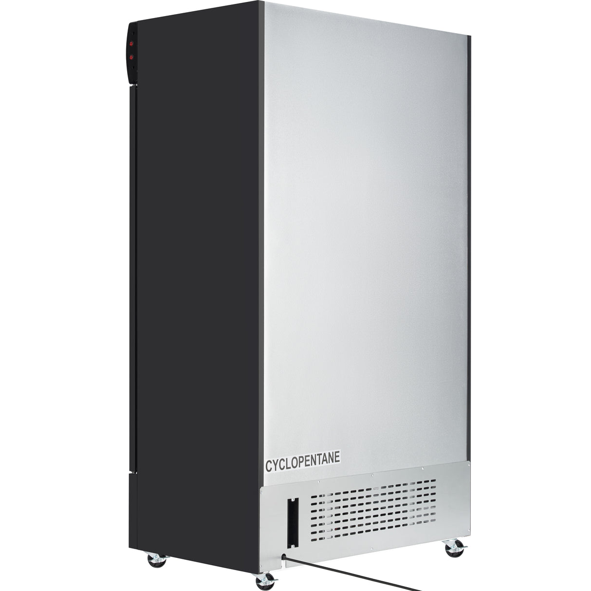 A tall, upright commercial refrigerator with a smooth front door, black sides, and small wheels at the base. The word CYCLOPENTANE is printed near the vented lower front panel. The appliance stands on a white background.