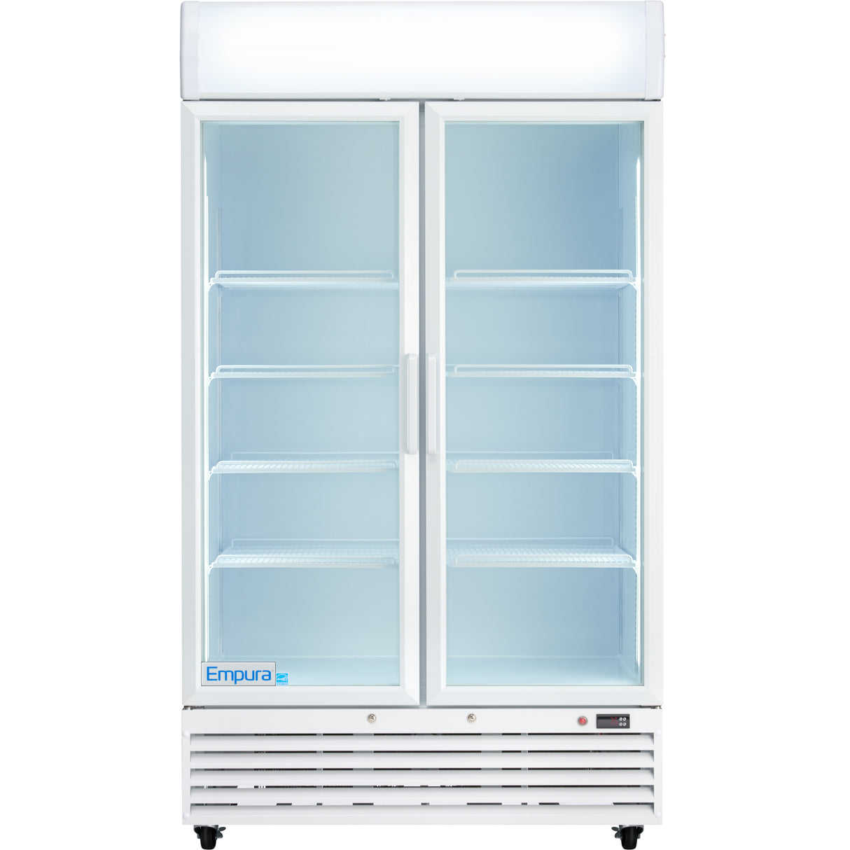 A commercial refrigerator with two glass swing doors, six adjustable wire shelves, white interior and exterior, vented bottom panel, and an illuminated top. The Empura brand name is visible on the lower left of this refrigerated merchandiser.
