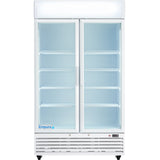 A commercial refrigerator with two glass swing doors, six adjustable wire shelves, white interior and exterior, vented bottom panel, and an illuminated top. The Empura brand name is visible on the lower left of this refrigerated merchandiser.