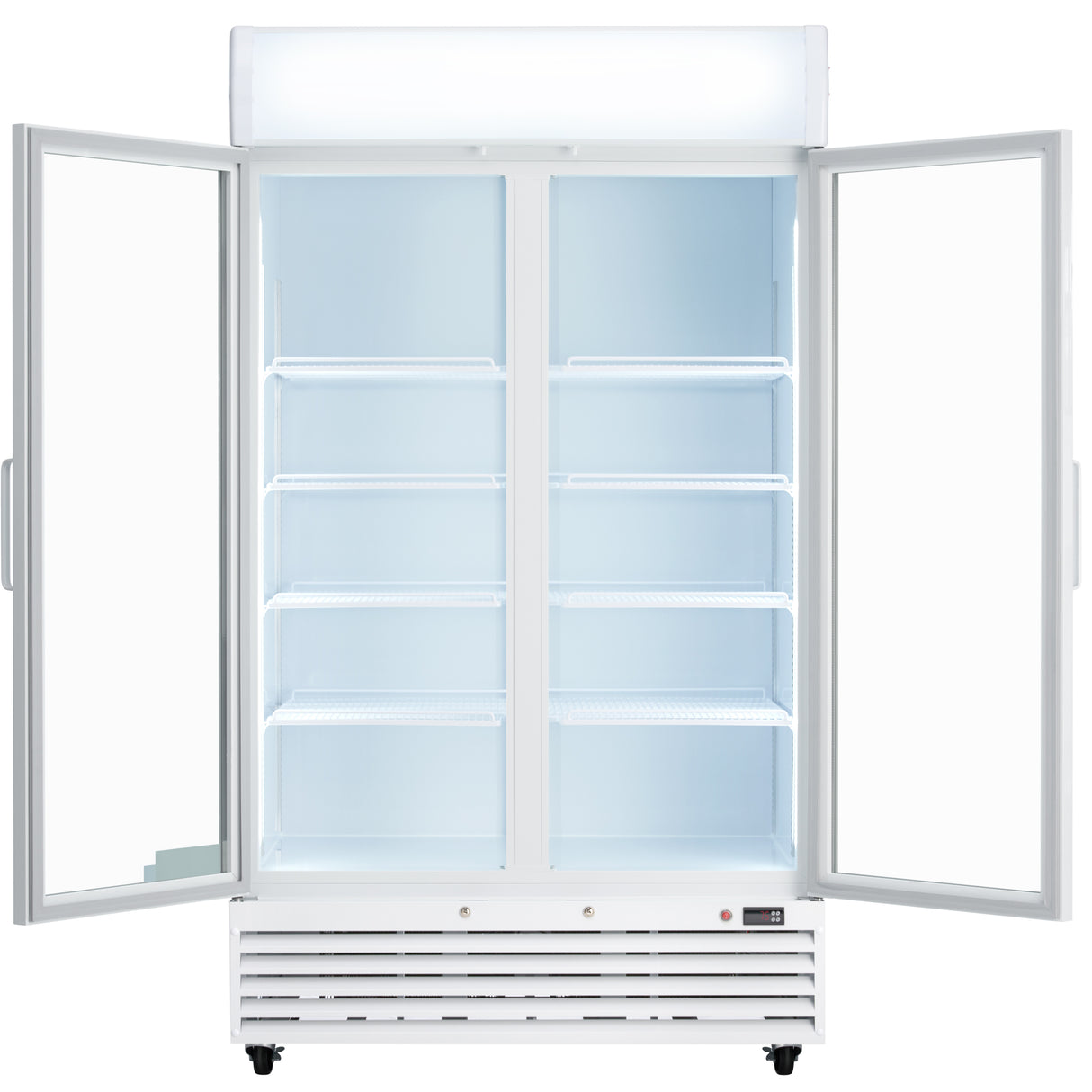 A Refrigerated Merchandiser with both glass doors wide open reveals five empty white wire shelves inside. The interior is brightly lit, and the exterior features a vented panel and digital display near the bottom.