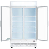 A Refrigerated Merchandiser with both glass doors wide open reveals five empty white wire shelves inside. The interior is brightly lit, and the exterior features a vented panel and digital display near the bottom.