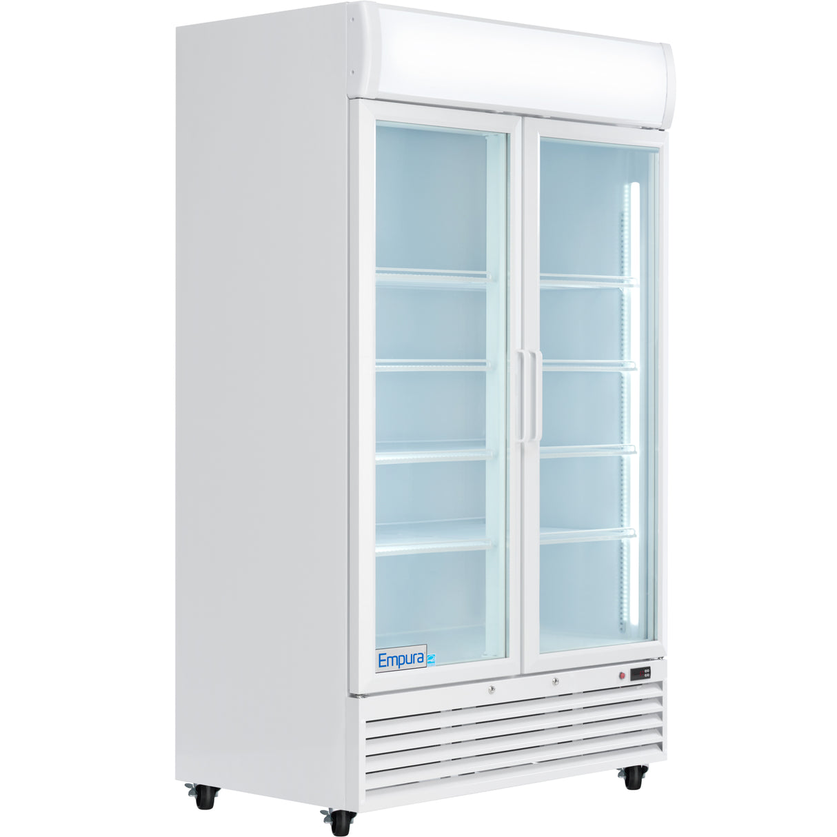 A commercial white Refrigerated Merchandiser with two clear sliding glass doors, interior shelving, and bright lighting. The unit stands on wheels, has a vented panel at the bottom, and displays the Empura logo on the lower left corner.