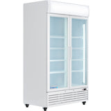 A commercial white Refrigerated Merchandiser with two clear sliding glass doors, interior shelving, and bright lighting. The unit stands on wheels, has a vented panel at the bottom, and displays the Empura logo on the lower left corner.