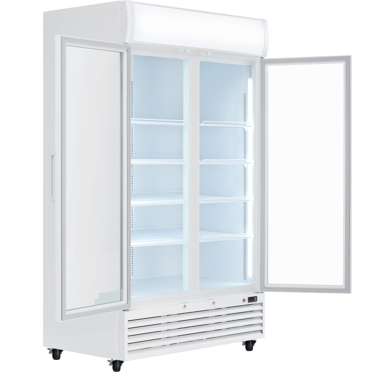 A refrigerated merchandiser with two large glass swing doors, both open to reveal five empty white shelves. The commercial refrigerator is white, well-lit, on wheels for easy movement, and topped with a blank illuminated sign panel.