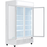 A refrigerated merchandiser with two large glass swing doors, both open to reveal five empty white shelves. The commercial refrigerator is white, well-lit, on wheels for easy movement, and topped with a blank illuminated sign panel.