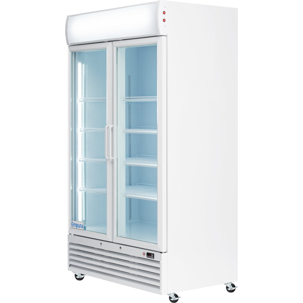 A commercial refrigerator with double glass swing doors, five interior shelves, bright LED lighting, and wheels for easy mobility. The Empura refrigerated merchandiser is empty, with convenient door handles and a brand label at the bottom left.