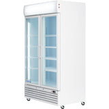 A commercial refrigerator with double glass swing doors, five interior shelves, bright LED lighting, and wheels for easy mobility. The Empura refrigerated merchandiser is empty, with convenient door handles and a brand label at the bottom left.