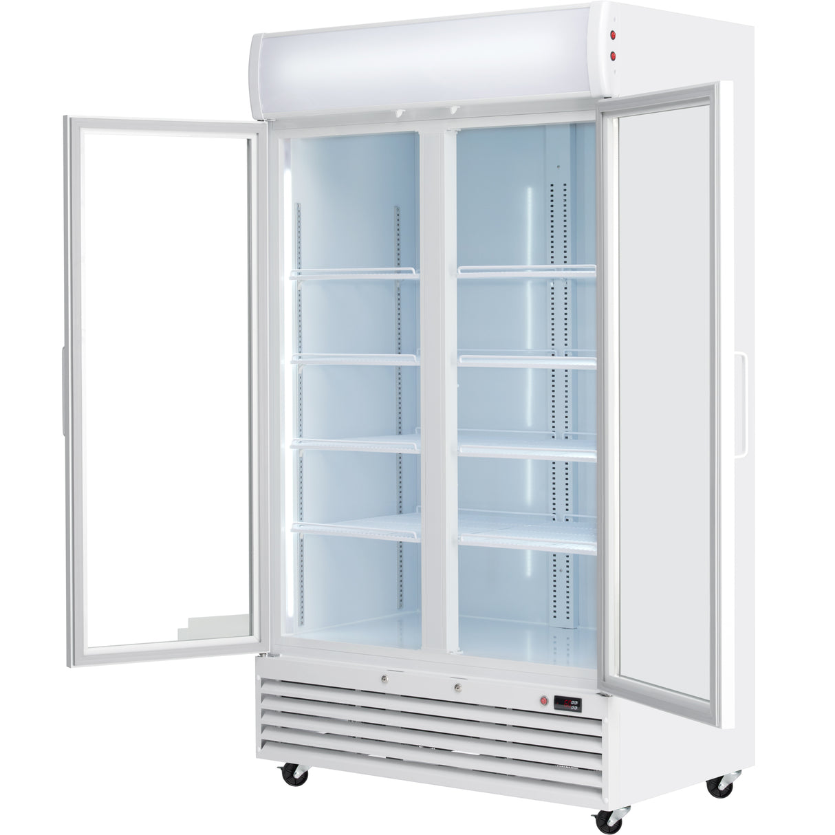 A commercial Glass Swing Door Cooler with a white exterior, two vertical doors (one open, one closed), five interior shelves, interior lighting, and base wheels. This Refrigerated Merchandiser is empty and designed for displaying chilled products.