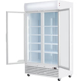 A commercial Glass Swing Door Cooler with a white exterior, two vertical doors (one open, one closed), five interior shelves, interior lighting, and base wheels. This Refrigerated Merchandiser is empty and designed for displaying chilled products.